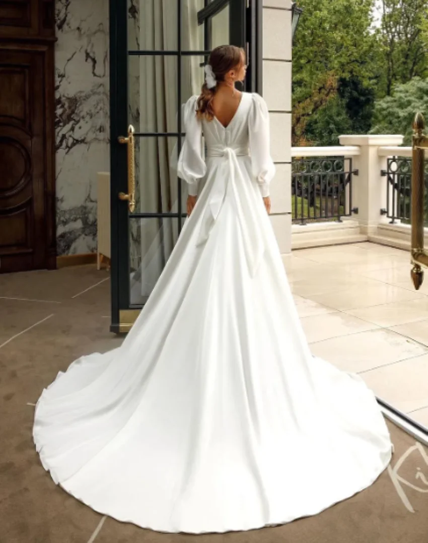 

Othray V Neck Long Sleeves Backless Bride Party Dress Puff Sleeves Satin A Line Bridal Gown 2024 Wedding Dresses For Women 2024