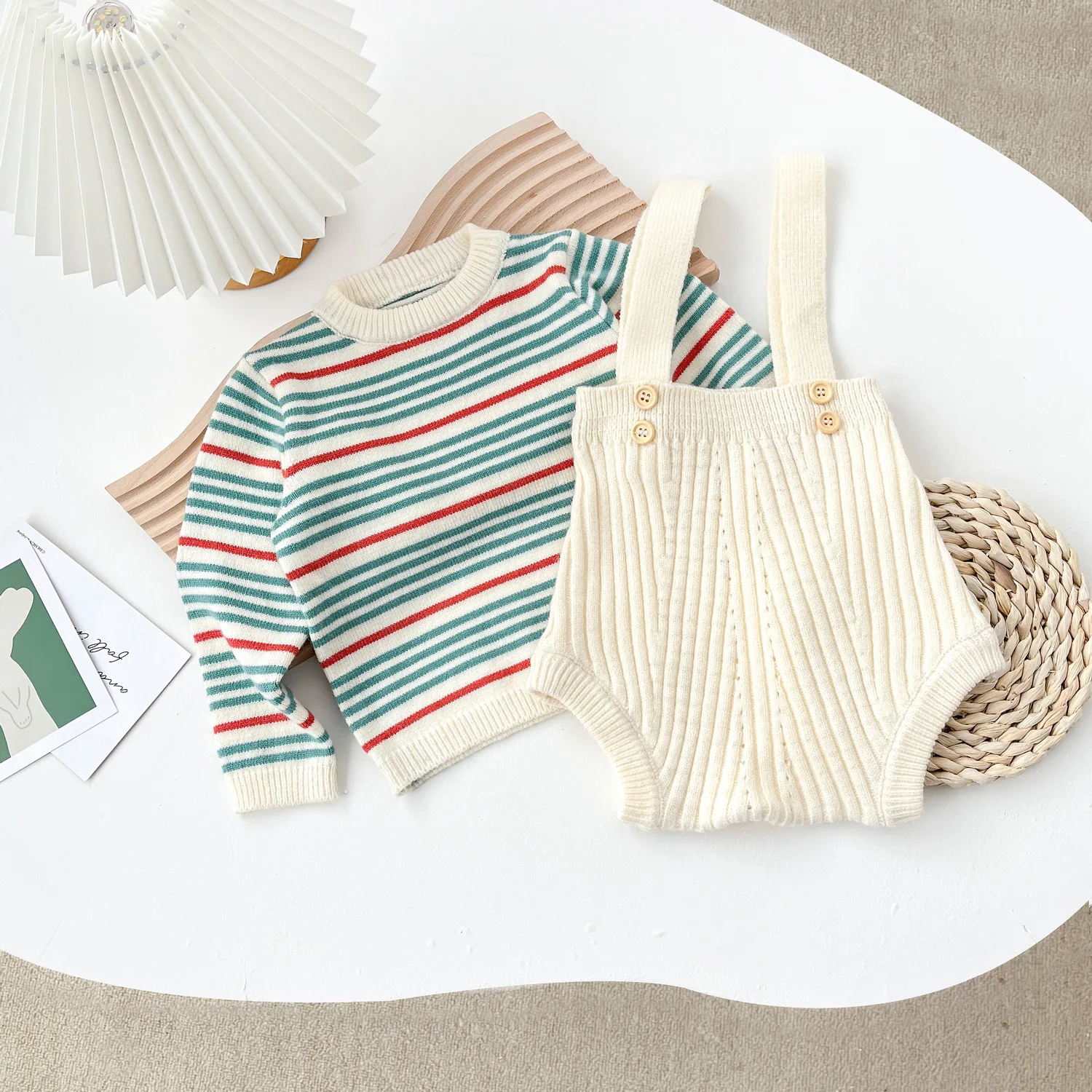 2023 Autumn Spring Newborn Infant Full Sleeve Striped Knitted Top Sweater Solid Color Strap Overalls Bodysuits Kids Baby Clothes