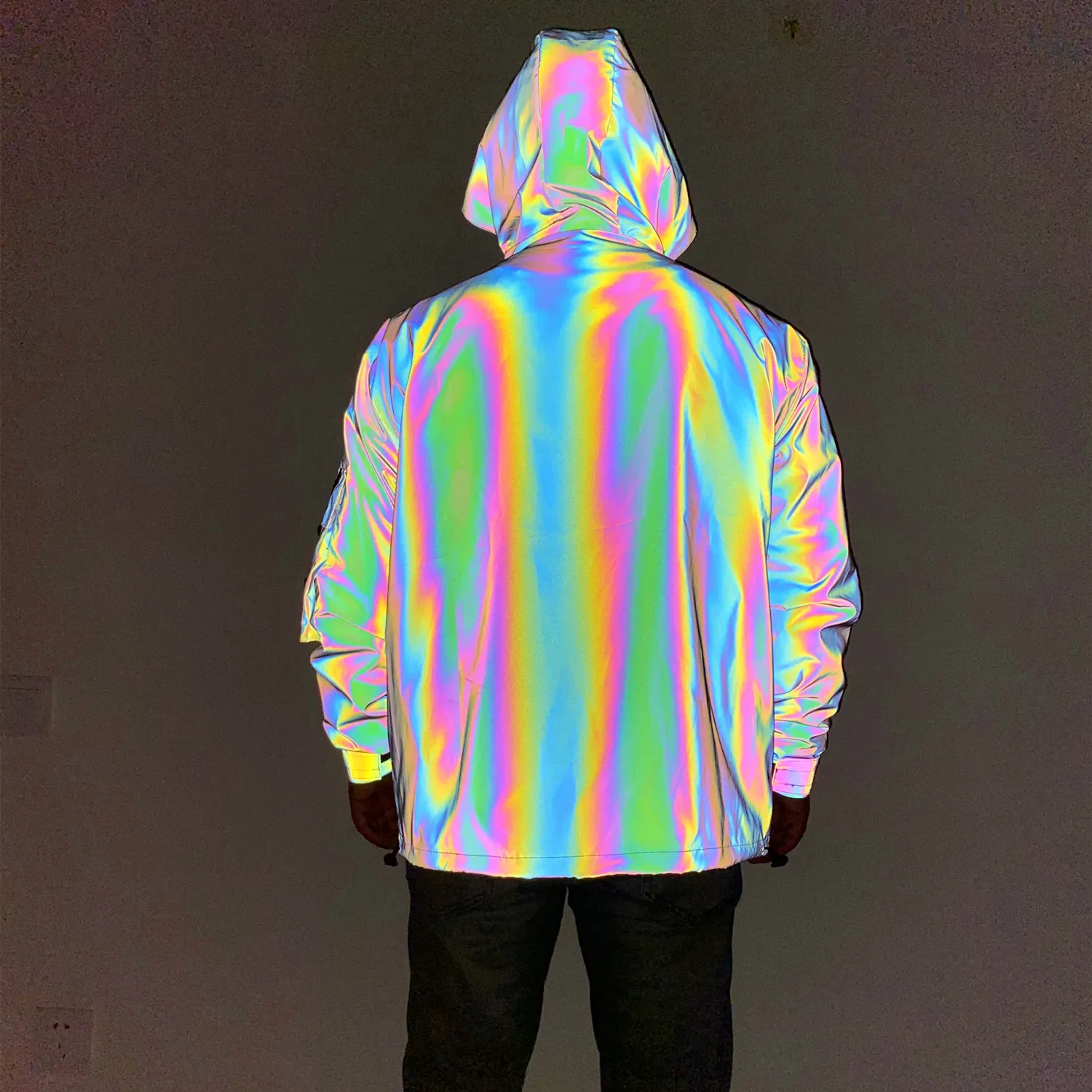 2023 Men\'s Holographic Reflective Colorful Rainbow Zipper Hooded Cargo Jacket Windbreaker Coat