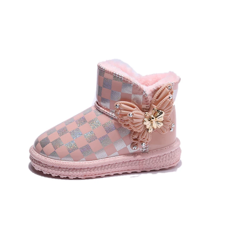 Girls PU Cute Snow Boots Pink Checkerboard with Bow Pretty Princess All-match Short Boots Winter New 2022 Casual Kids Fashion