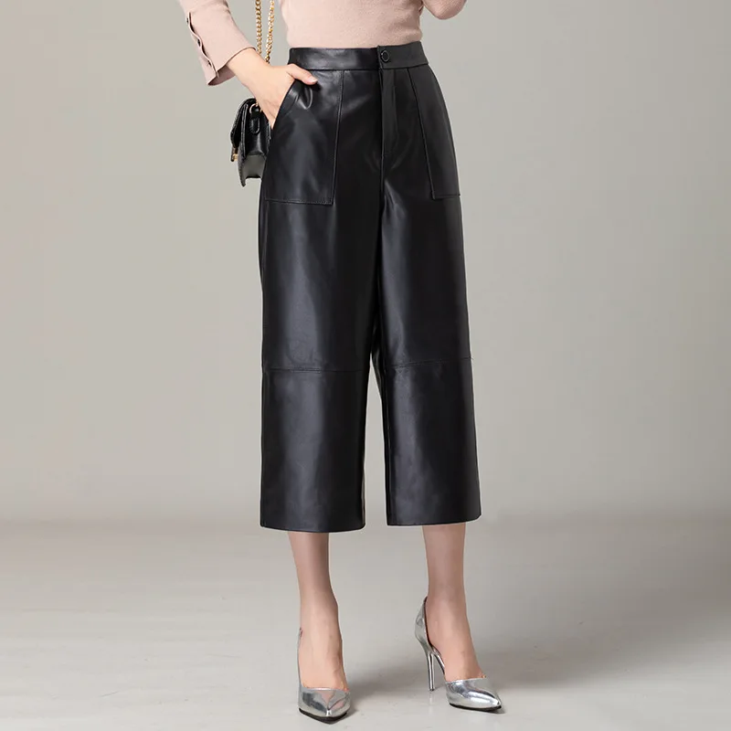 

2023 Women New Genuine Wide Leg Leather Pants High Waist Loose Casual Straight Pants