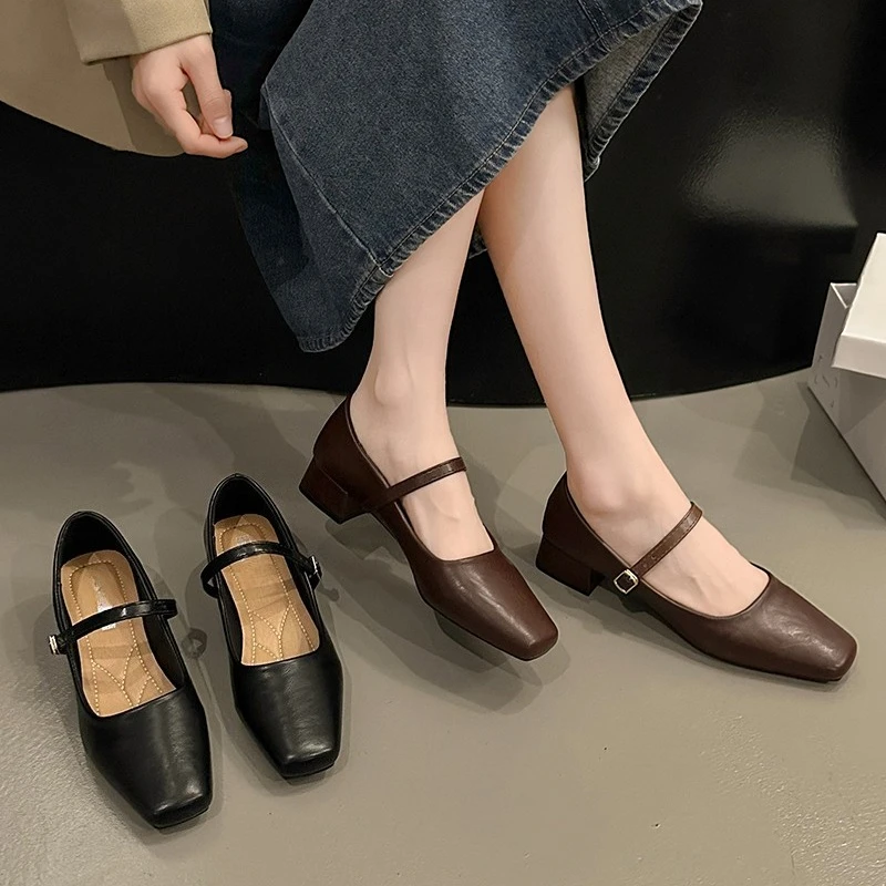

One Strap Block Heel Single Shoes Fashion Square Toe Shallow Mouth Soft Sole Small Leather Shoes