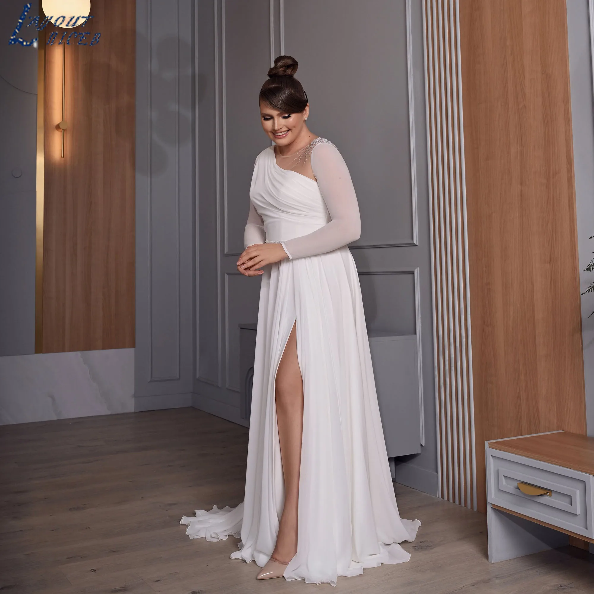LAYOUT NICEB Plus Size Boho Wedding Dress Long Sleeve Chiffon Simple Bride Gowns A-Line Side Slit vestidos de novia Customized