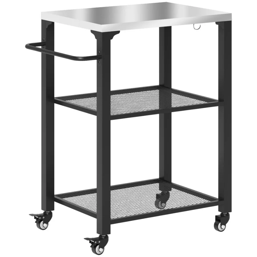 

3Shelf Outdoor Grill Cart with Stainless Steel Tabletop Movable Pizza Oven Table with Hooks Side Handle Wheels