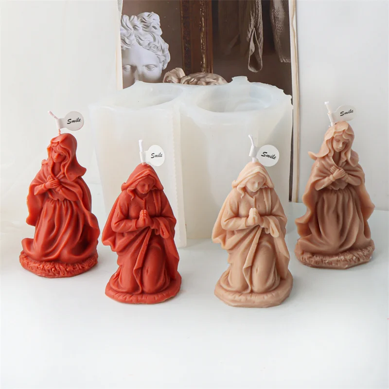 Silicone Religious Praying Holy Virgin Mary Sculpture Casting Mold Blessing Mama Mary Godmother Female Deity Aroma Candle Molds