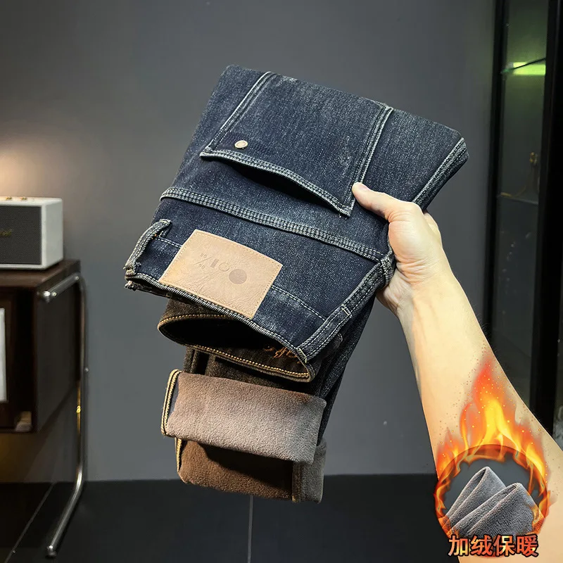 2024 Winter fleece-lined thick high-end jeans men's fashion brand stretch slim fit warm cold-resistant denim long pants