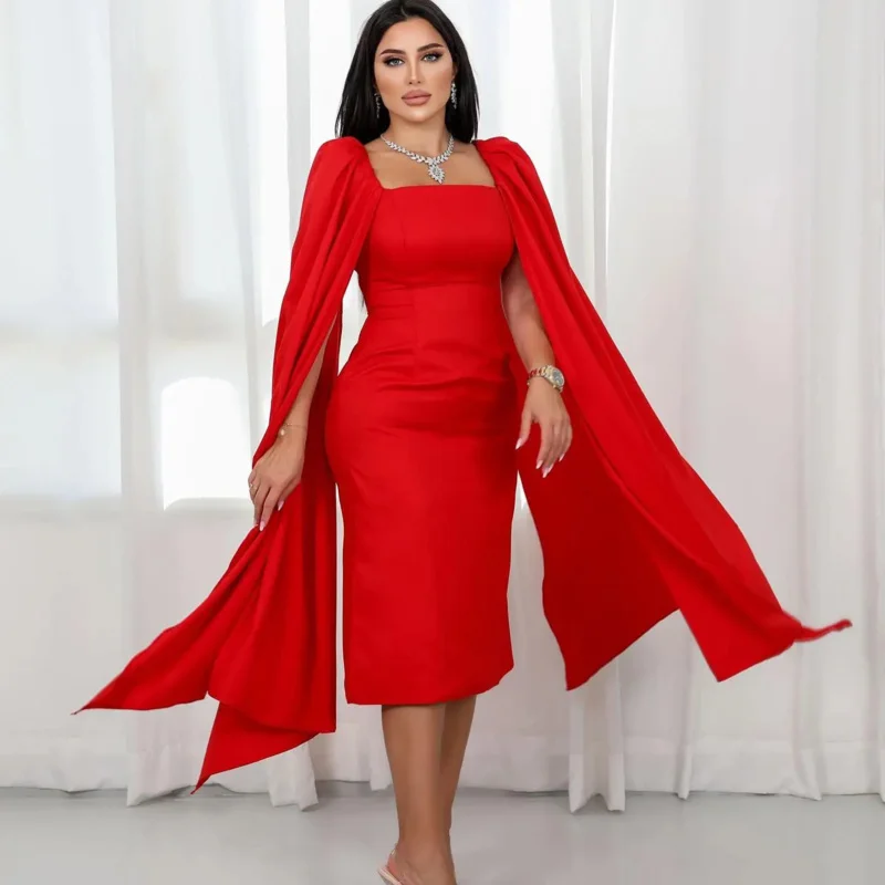 

Indie Elegant Short Red Prom Dress Square Neck Women'S Mermaid customized Evening Gown Tea Length Saudi Special Occasion Dresses