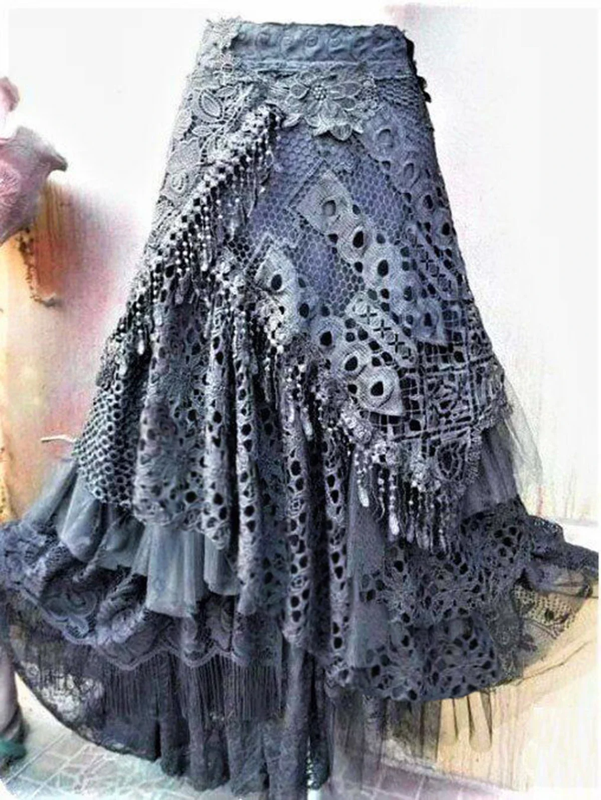 Elegant Lace Asymmetrical Skirt Women Vintage Y2K Boho High Waist Hollow Mesh Patchwork Layered Maxi Skirts Lady Holiday Outfits