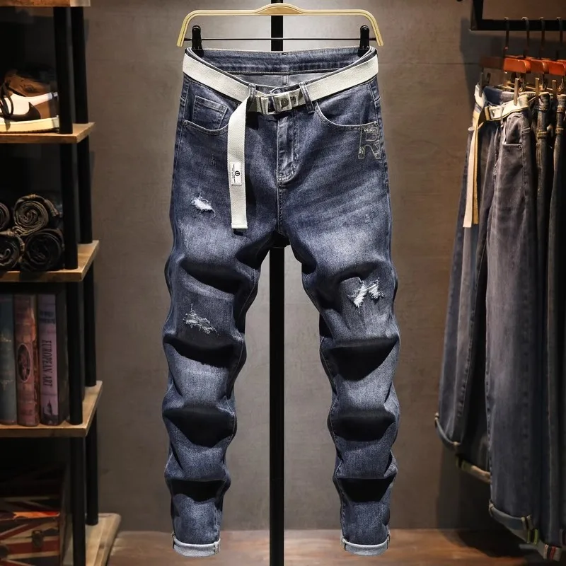 Trendy Hole Punching Men\'s Jeans New Style Export Quality Small Foot Stretch Denim Pants Casual Scene Street Motorcycle Trousers