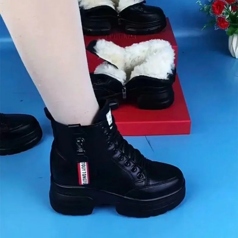 

Platform Ankle Boots Women's Height Increasing Insole Real Soft Leather2025Winter plus Velvet Cotton Shoes Snow Boots