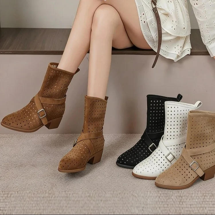 

Винтажные замшевые ковбойские сапоги для женщин, с острым носком, на массивном каблуке, с пряжкой, эластичные, новые стильные сетчатые ботильоны