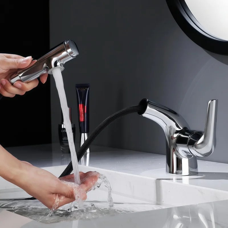 All-Copper Pull-Out Basin Faucet White Bathroom Faucet Pull-Out Dual-Function Faucet