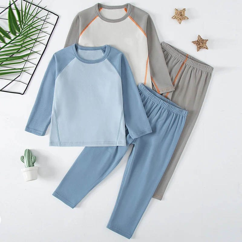 

4/2-piece Autumn And Winter Children's Sandblasted Color Blocked Warm Underwear Set For Boys And Girls Basic Versatile Sleepwear