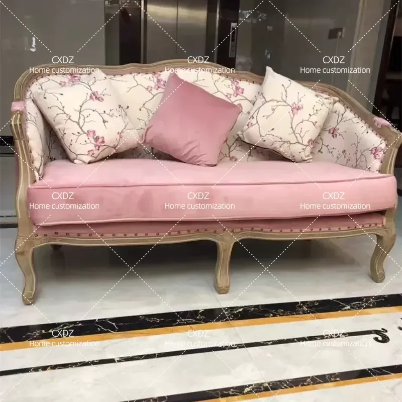 Retro Pastoral Fabric Sofa Solid Wood Frame Single Double Seater Light Luxury Living Room Furniture for Small Apartment