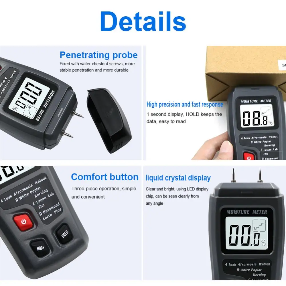 Misuratore di umidità 0-99.9% misuratore di umidità digitale per legno a due pin Tester di umidità per legno igrometro rilevatore di umidità per