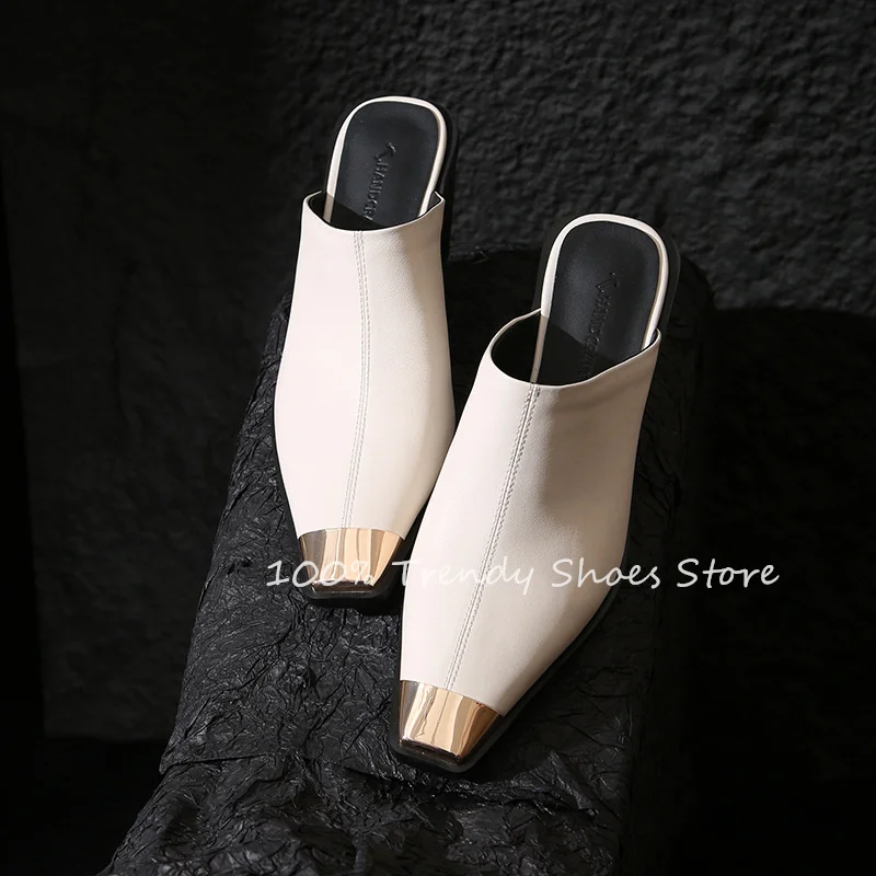 

Fashion Metal Pointed Toe Wedges Women Mules Summer Outside Shallow Leisure Slippers 6Cm High Heel Lady Genuine Leather Shoes