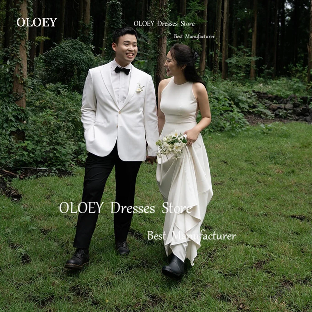 OLOEY Simple A Line Korea Wedding Dresses Photo shoot Jewel Neck Stretch Satin Floor Length Bridalk Gowns Evening Party Dress