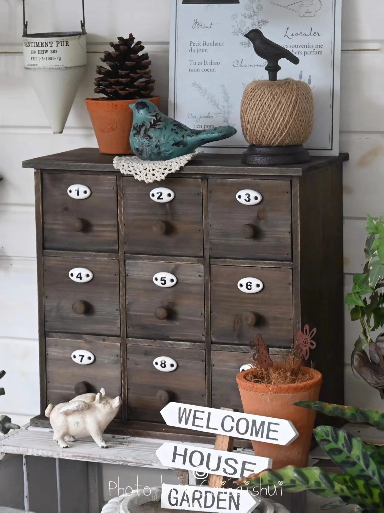 Vintage Wooden Storage Box with 9 Drawers and Compartments