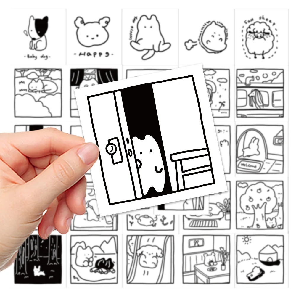 10/30/40pcs Simple Black White Cartoon Stickers Cute Picture Animal Decals For Kids DIY Phone Notebook Fridge Laptop Toys Gift