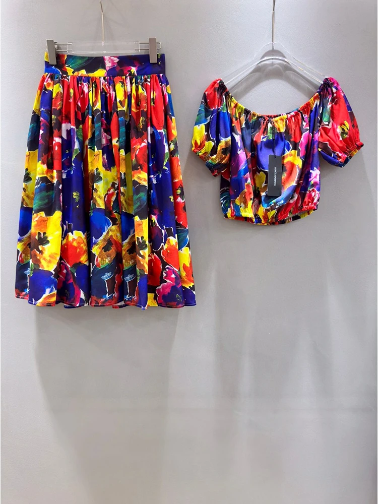 Gedivoen Summer Fashion Runway New Designer Women's Floral Print Skirt Sets Slash Neck Tunic+Medium Length Skirt 2 Pieces Set