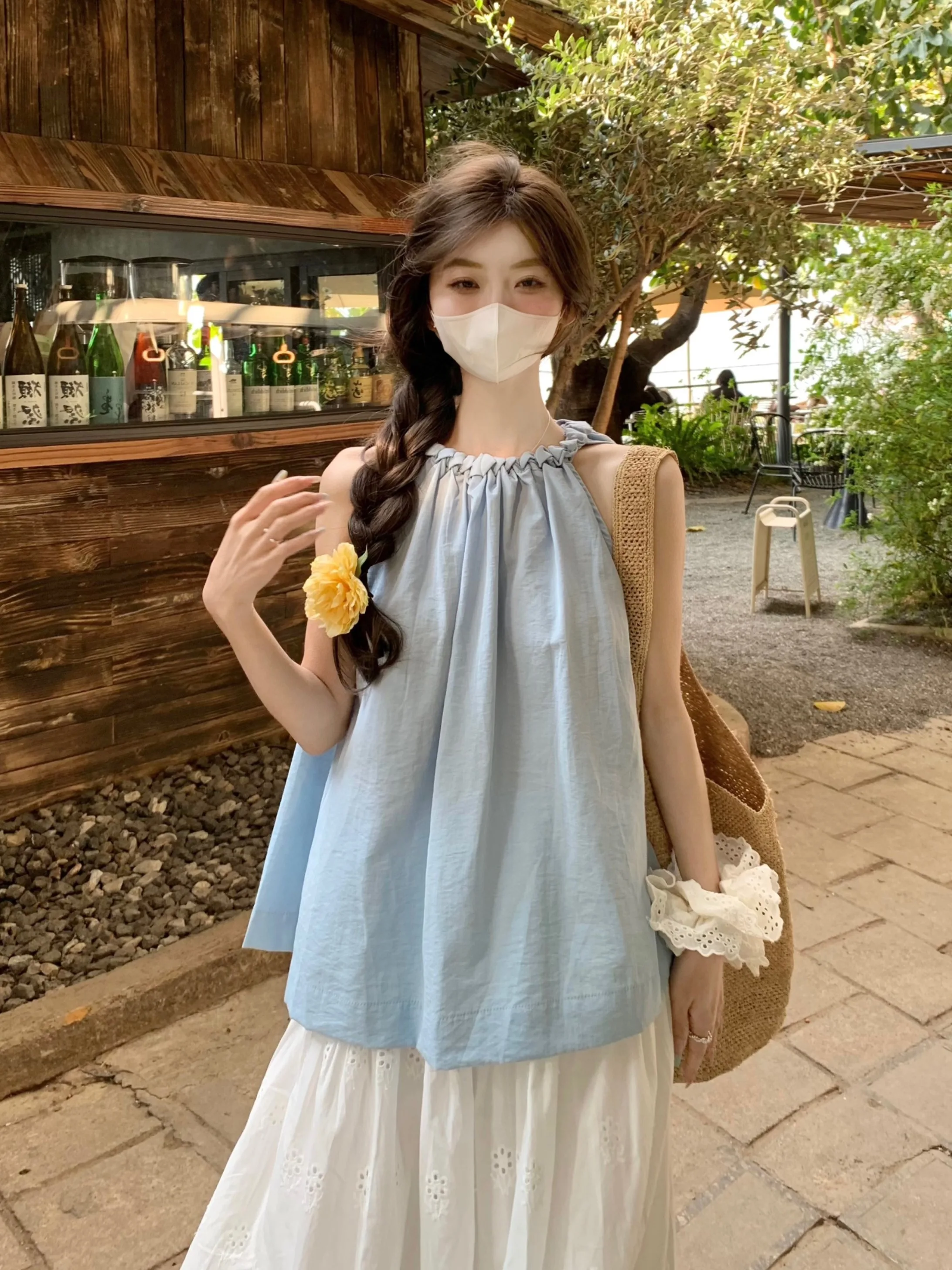 

Свободная вязаная безрукавка с узором косы и декоративным элементом в виде ожерелья для женщин, летний молодежный топ в корейском стиле с круглым вырезом, для повседневной носки