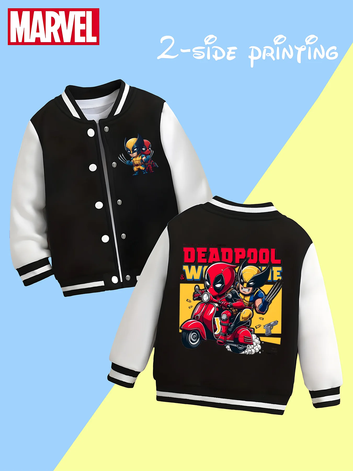 

MINISO Marvel Boys' Baseball Jacket - Spider-Man Print, Double-Sided Pattern, Comfortable Fabric, Black and White, Trendy