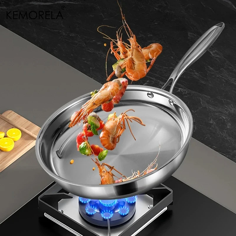 304 Stainless Steel Frying Pan Bright Surface Uncoated Skillet Three-layer Composite Steel Frying Pan Multiple Sizes Available