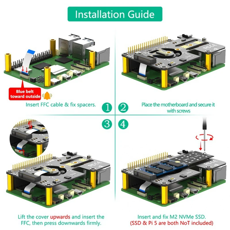 3 في 1 كومبو M.2 Nvme إلى Pcie محول مع مروحة تبريد ومصابيح LED تلون تلقائي لـ Raspberry Pi 5 متينة وسهلة الاستخدام