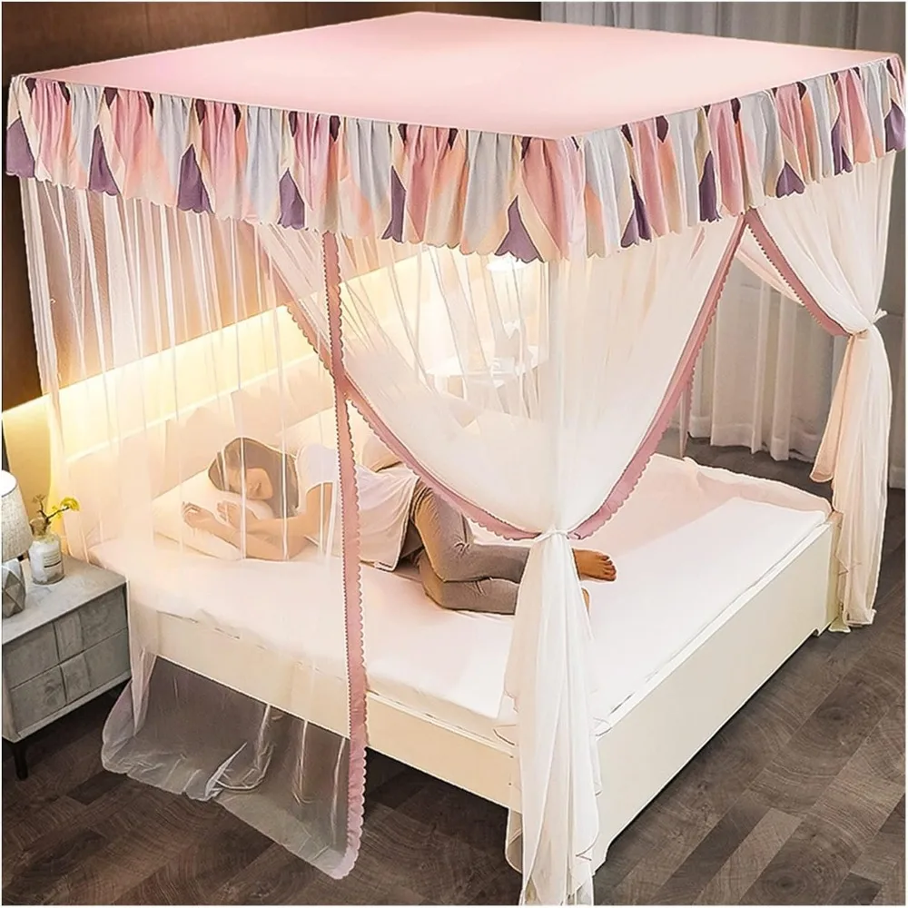 Three-Door Mosquito net with Bed Curtain e Bed Canopy Various Sizes Simple Four-Corner shed Column Installation (Color : B, Size