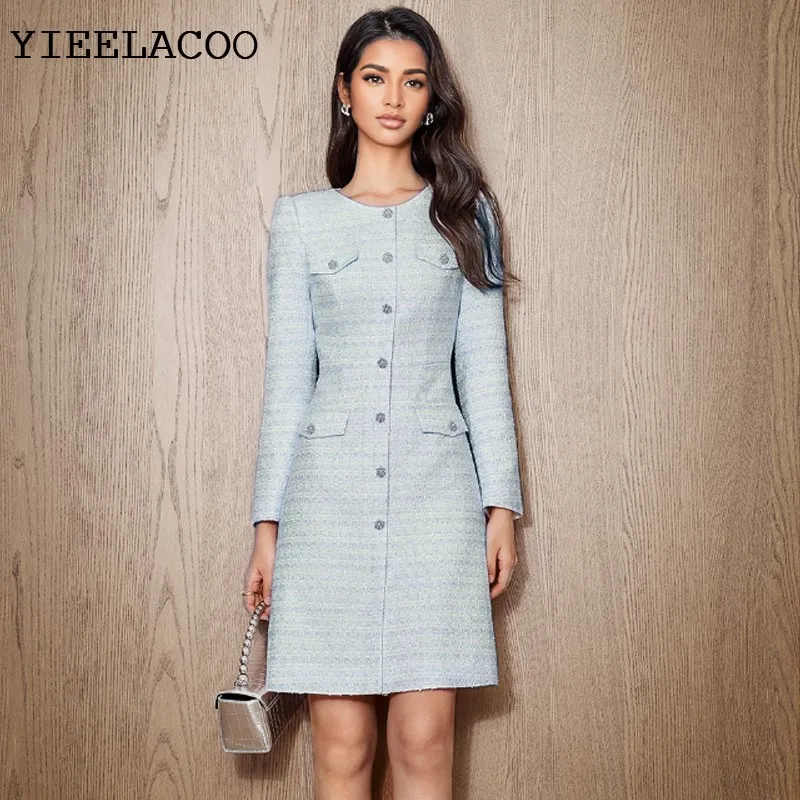 Blue Tweed Dress  2026 spring / autumn women's dress Leisure vacation one-piece  Ladies Classic bottoming dress