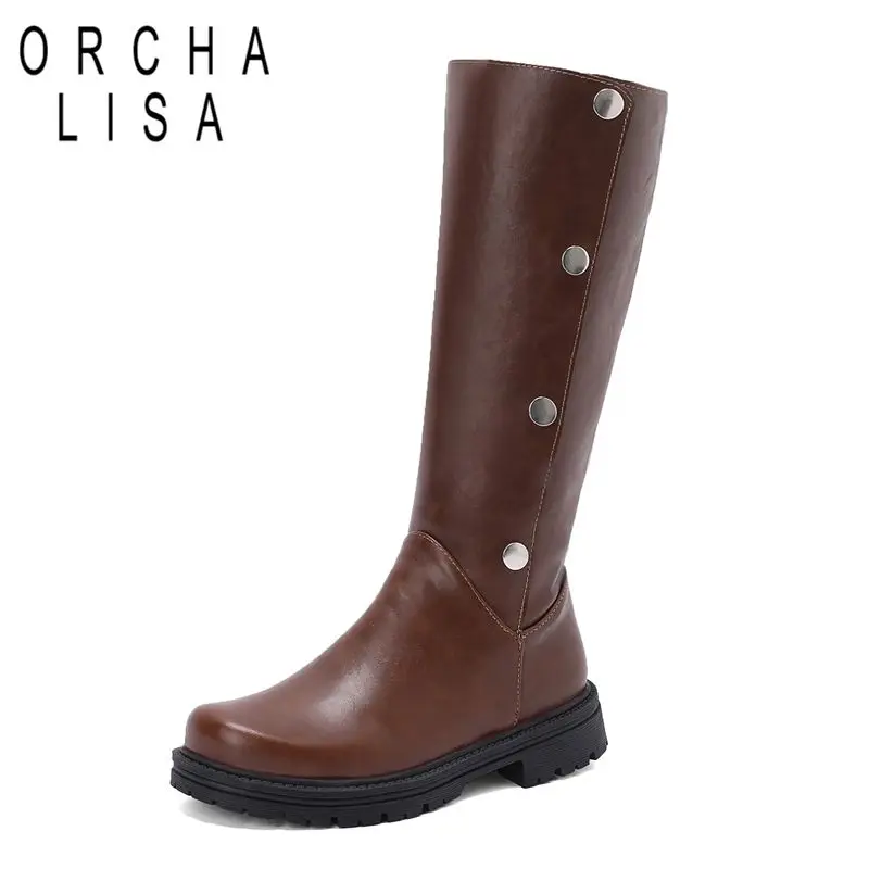 

ORCHA LISA Горячие женские сапоги до колена с круглым носком на низком каблуке и пуговицах, двойная одежда, большой размер 47 48 49 50, винтажный рыцарь, зима