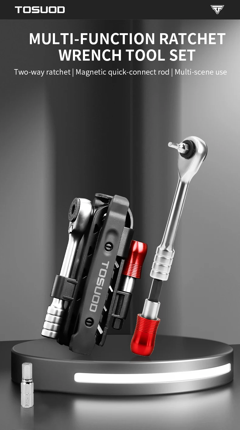 TOSUOD 1/4-Zoll Zwei-Wege-Ratschenschlüssel-Set, Mini-Ratsche & Schnellverbindungsstangen, Faltbares Fahrrad-Reparaturset, S2-Bits & Reifenheber – Detail 1