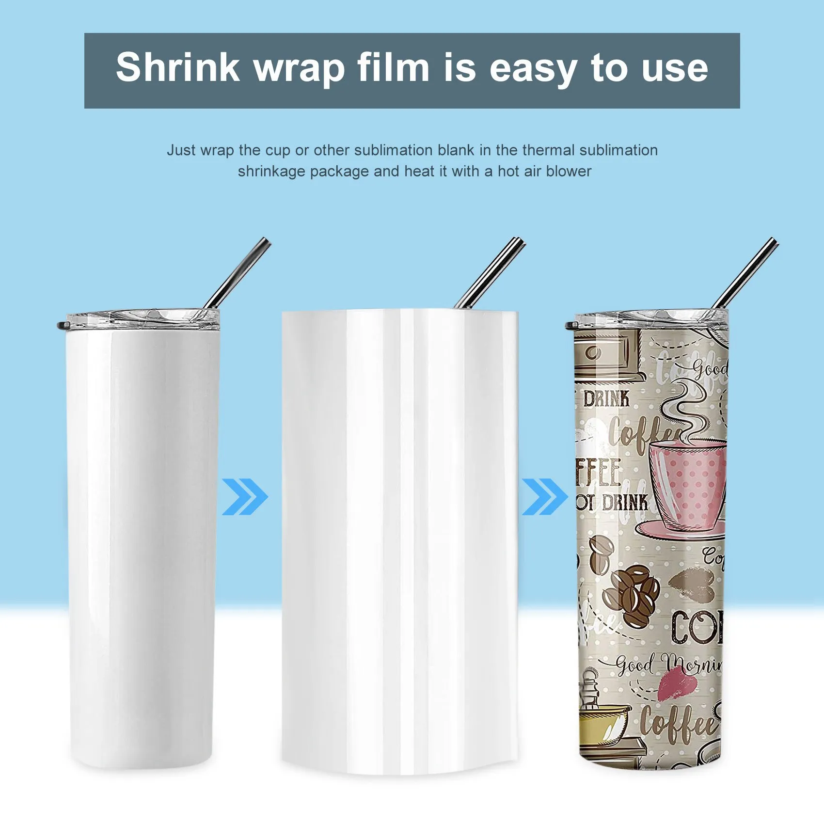 A93Z 30Pcs Sublimation Shrink Wrap Film, 3 Sizes Heat Transfer Shrink Film Shrink Wrap Bags White Wrap for Mug,Tumblers, Cups