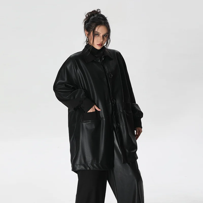 슈퍼에인 한국 싱글 브레스티드 캐주얼 가죽 재킷 2025 가을 신상 루즈 디자인 트렌치 코트