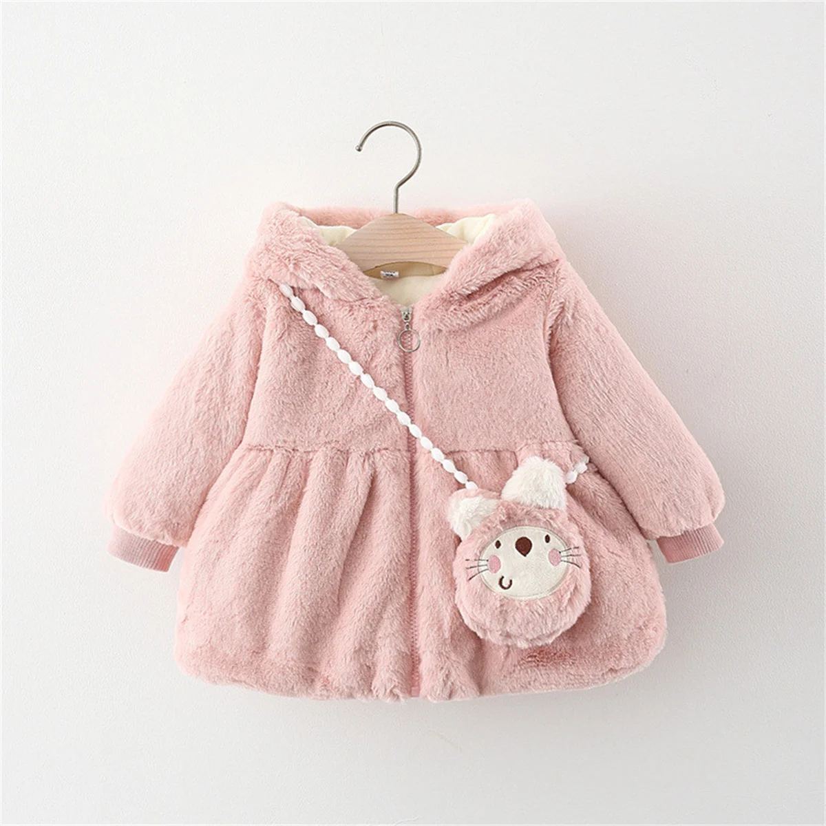 Winter 2-piece/set baby girl jacket bag baby girl cat ear hood zipper solid color woolen cotton jacket