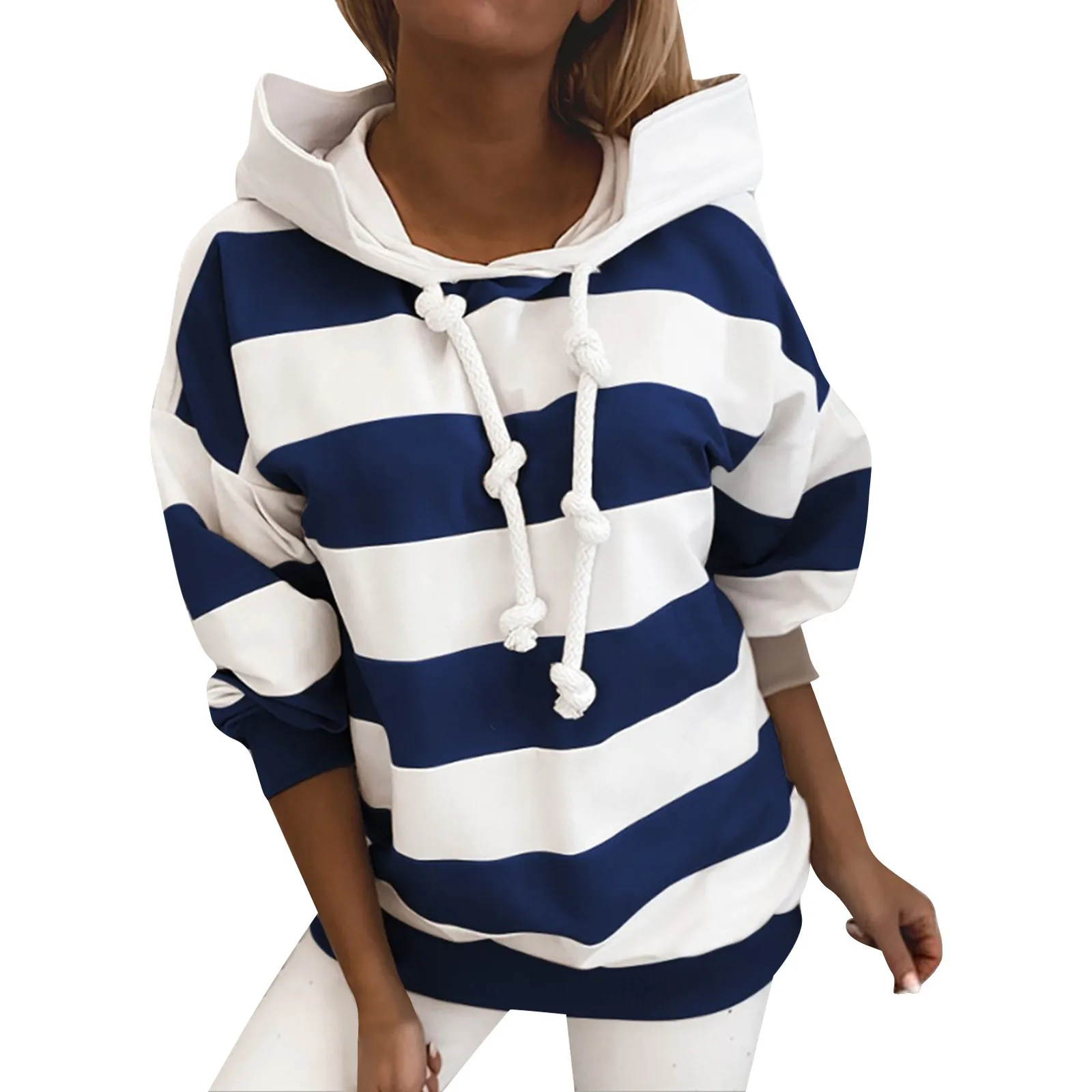 Women's Hoodie Pullover Sweatshirt Stylish Striped Print With Thick Long Sleeves Tops Loose Autumn Winter Hoodies Sportwear