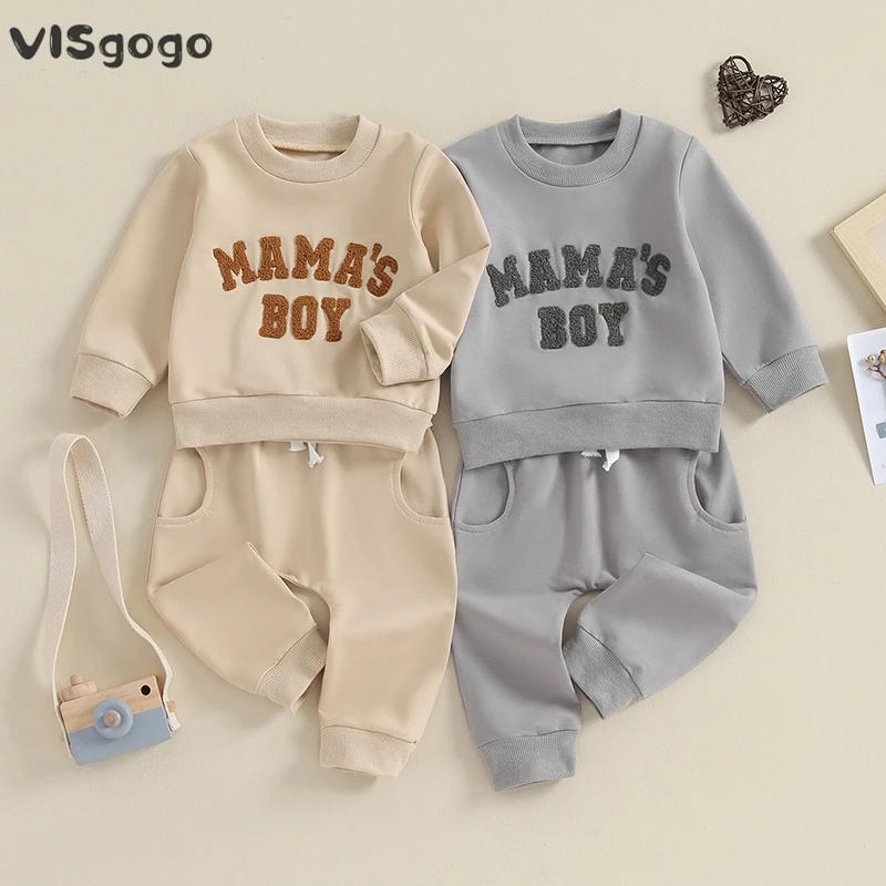 

VISgogo 2Pcs Baby Boy Fall Clothes Outfits Long Sleeve Letter Embroidery Pullover Tops Solid Color Pocket Sweatpants Casual Sets