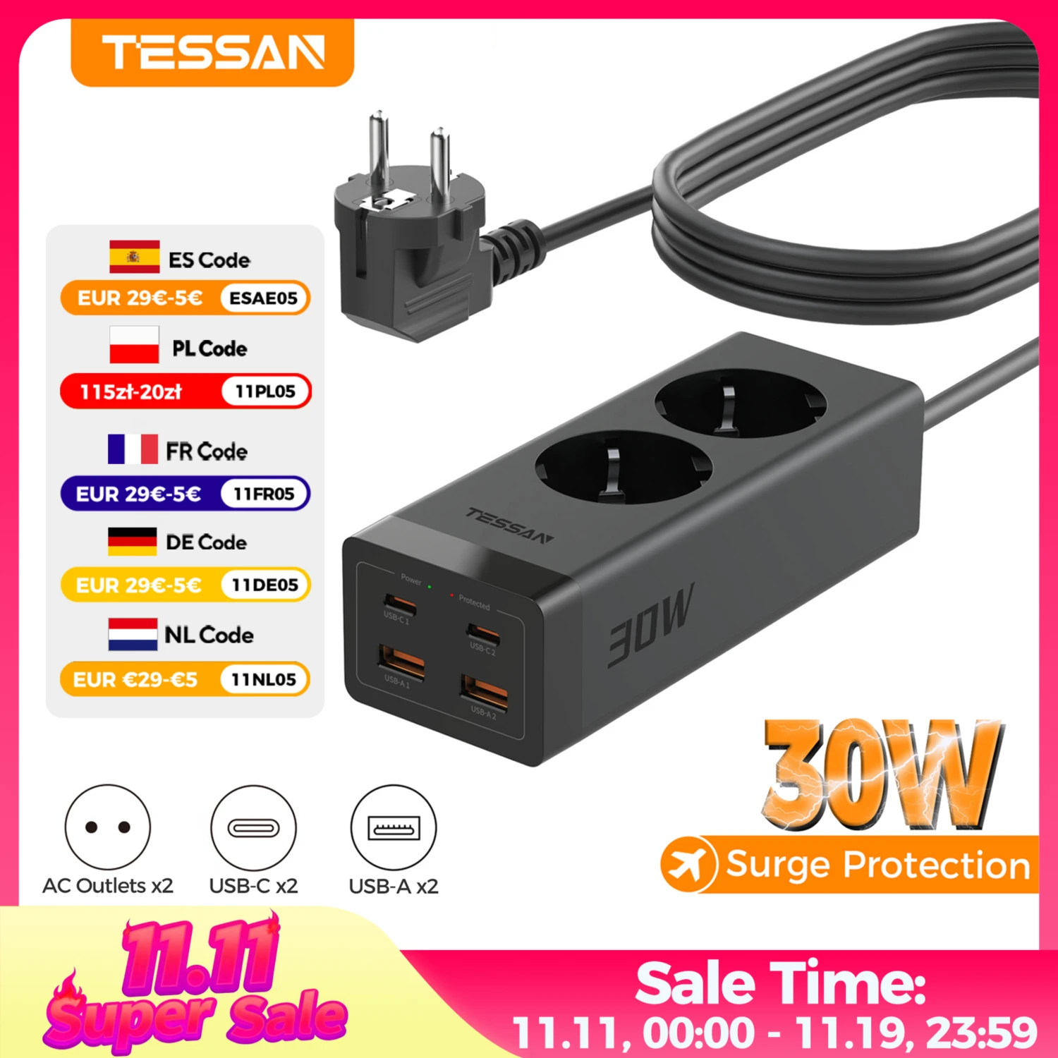 

TESSAN 30 Вт GaN Удлинитель с несколькими розетками и 2 розетками 2 USB 2 типа C Защита от перенапряжения Вилка европейского стандарта с удлинителем 2 м/5 м