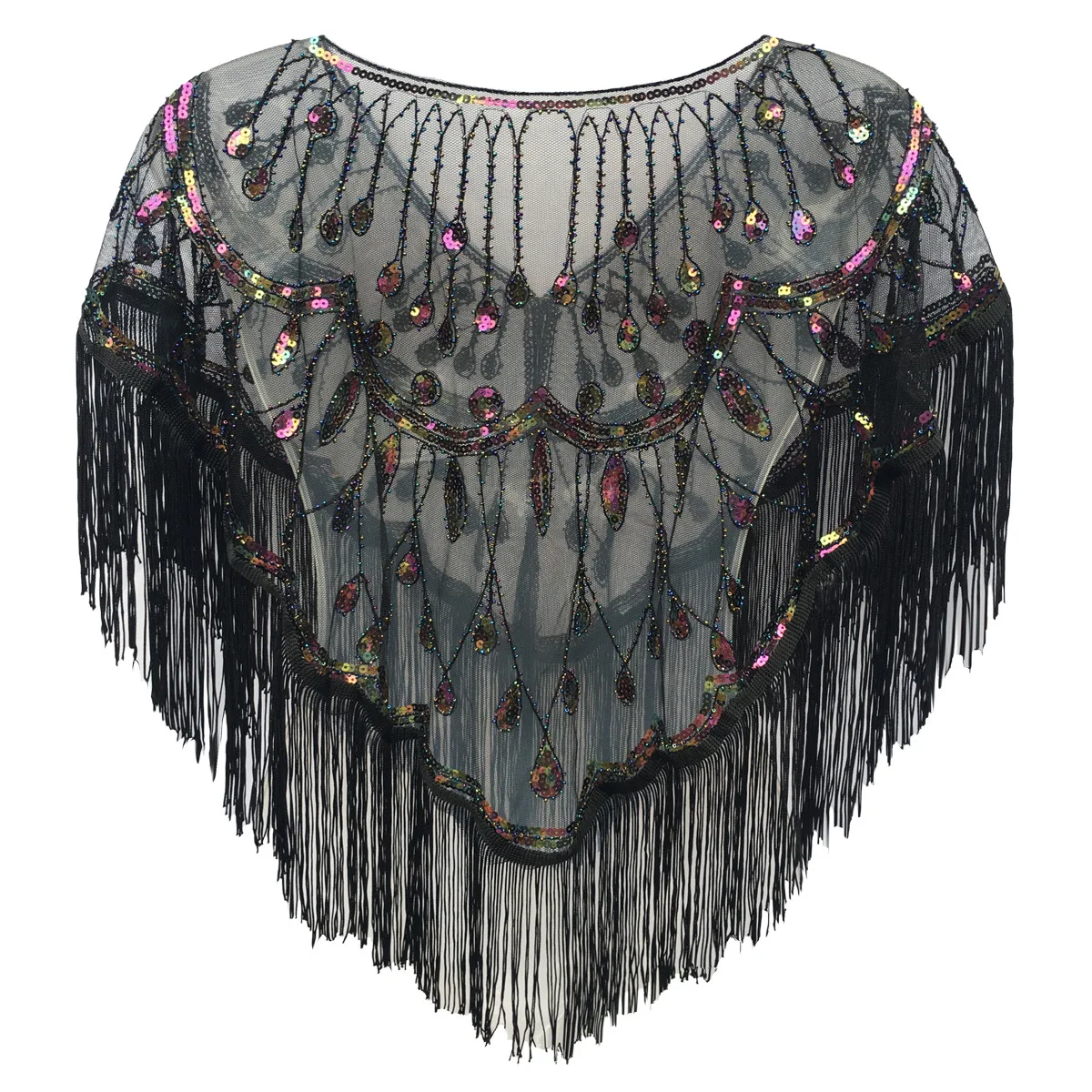 Women Sequined Shawl with Tassels Beaded Pearl Fringe Sheer Mesh Wraps Flapper Cape Cover Up