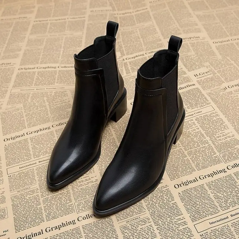 Damen Winterstiefel mit Fleecefutter, Chelsea-Stiefel mit spitzer Zehenpartie, klobigem Blockabsatz, warme Slip-On-Stiefeletten, Übergrößen – Detail 7