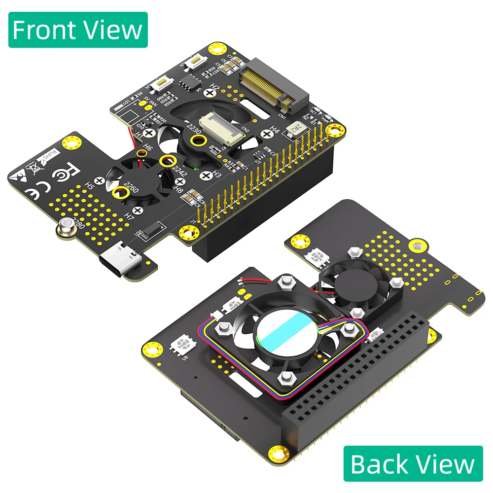 3 in 1 Combo M.2 NVMe SSD to PCI-e Adapter with dual cooler fans and Automatic Discoloration LED for Raspberry Pi 5