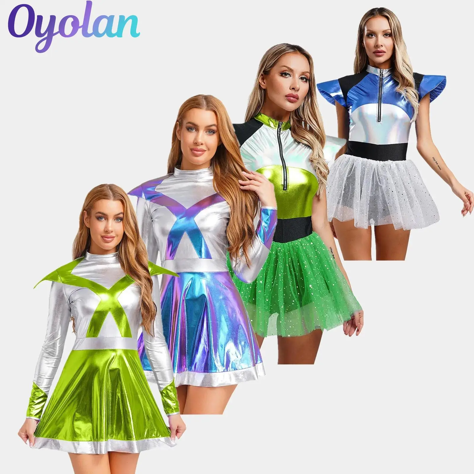 

Womens Space Cadet Alien Astronaut Cosplay Costume Fly Sleeve Front Zip Sequined Tulle Skirt Boyshorts Spaghetti Jumpsuit