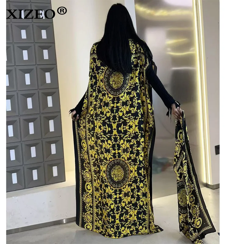 WINYI vestidos africanos musulmanes para mujer dubai abaya vestido caftán con estampado de puntos ondulados y cuello redondo, vestido largo elegante, vestido maxi