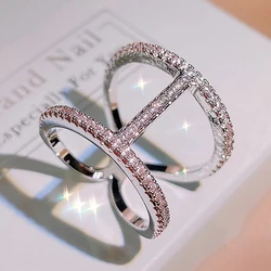 Anillo de Plata de Ley 925 con doble línea cruzada geométrica, joyería fina, ahuecada, para mujer