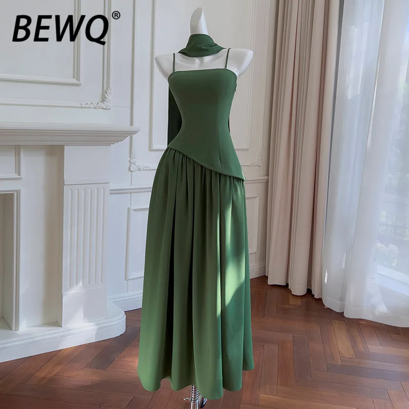 เดรสสายเดี่ยวทรงสลิปหรูหราสำหรับผู้หญิง BEWQ ดีไซน์เก๋ไก๋ จับจีบไม่สมมาตร เอวสูง แขนกุด เหมาะสำหรับงานปาร์ตี้ยามเย็น คอลเลคชั่นใหม่ฤดูใบไม้ร่วง 2025