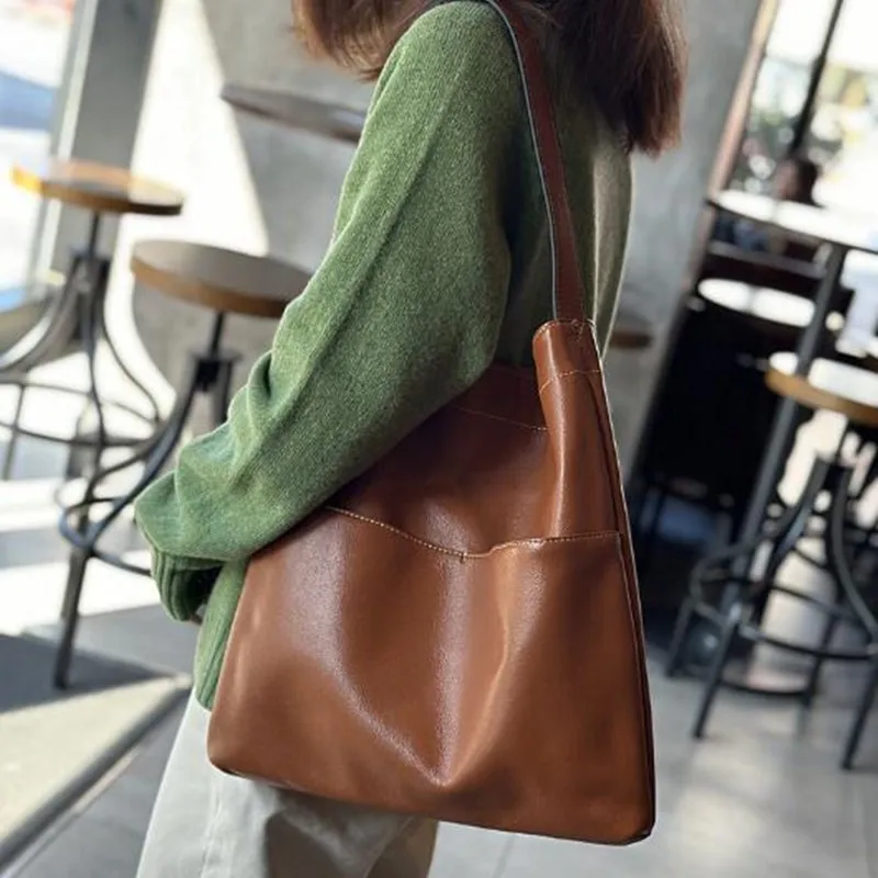 2024 new leather shoulder bag women soft head layer cowhide large capacity Tote bag lazy shopping bag