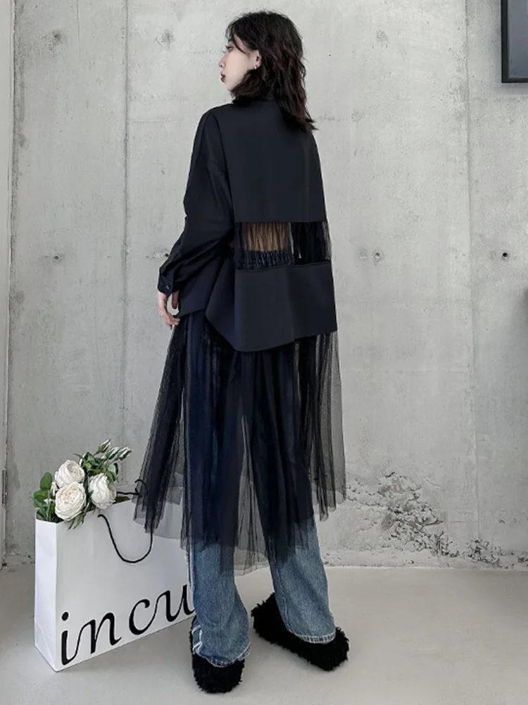 [EAM] Women Black Big Size Long Mesh Perspective Blouse New Lapel Long Sleeve Shirt Fashion Tide Spring Autumn 2024 1DH4545