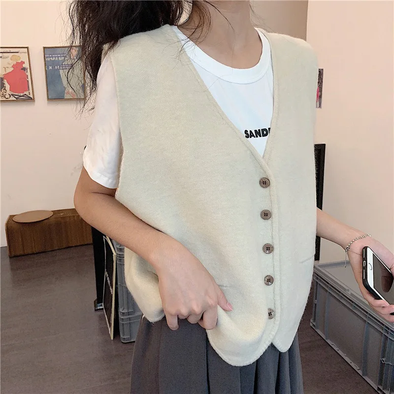 OHRYIYIE Korean Vintage Cardigan Sweater Vest Women 2024 Solid Color All-match Cardigans Female Sleeveless V-neck Coat Vest Lady