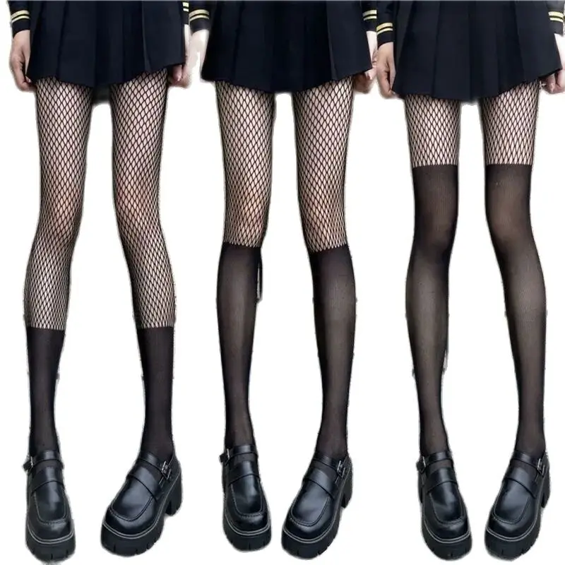 

Sexy Patchwork and Fake Thigh High Fishnet Stockings Woman Black Beige Tights Transparent Thin Y2K Medias Socks Party Pantyhose