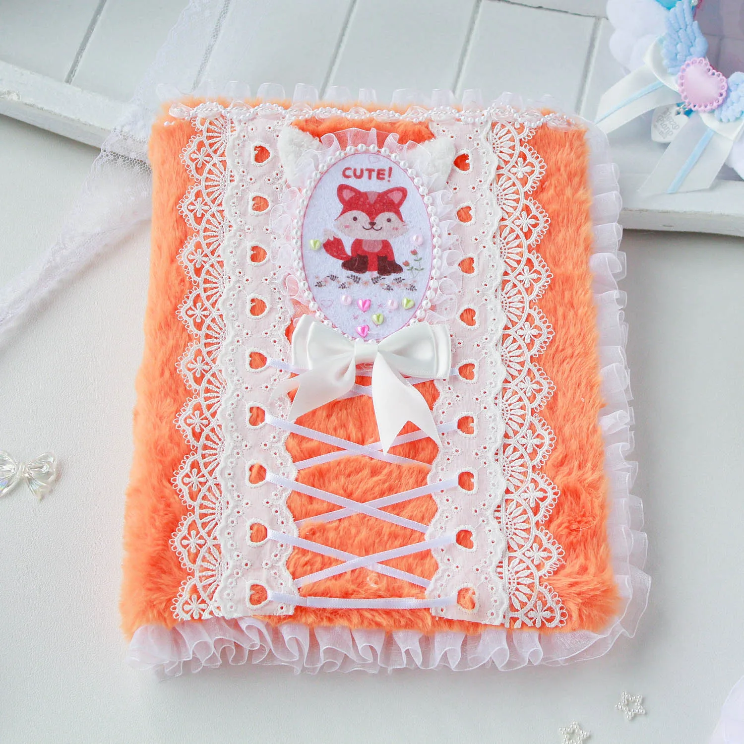 A5 Cute Plush Kpop Binder Photocard Storage Book Stationery  Album Orange Kawaii Fox Lace Style Collect Book Ring Binder